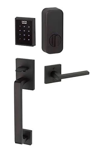 A photo of an Emtek electronic deadlock set in black.