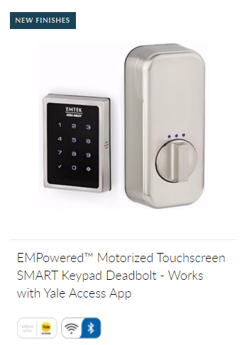 EMPoweredTM Motorized Touchscreen SMART Keypad Deadbolt - Works with Yale Access App. A photo of an Emtek smart keypad. 