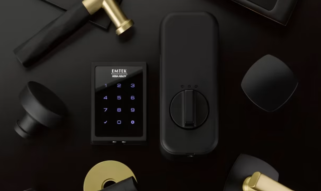 A photo of the EMPoweredTM Motorized Touchscreen SMART Keypad Deadbolt in black on a black background.