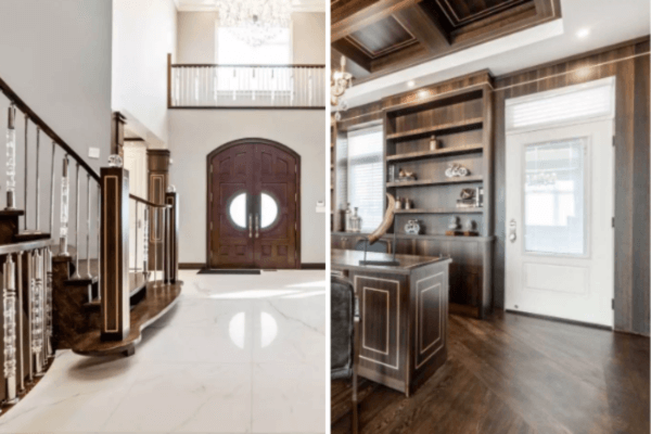 Two interior photos of Kyle Lowry's Toronto home entryway and office.
