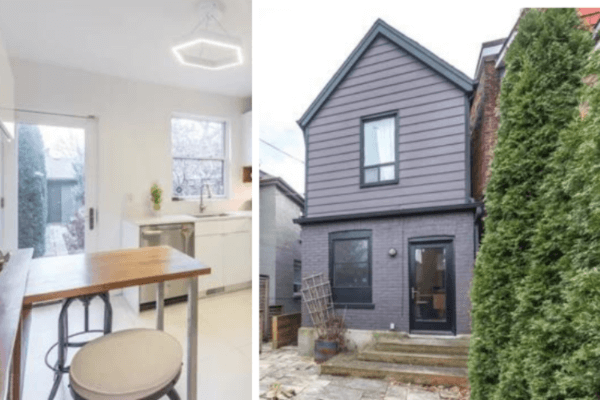 An image of the inside of Meghan Markle's Toronto townhouse, kitchen, and the exterior featuring black siding, windows and a black door.