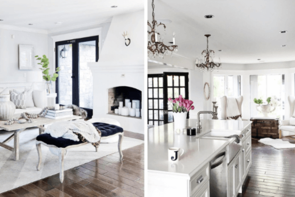 Two photos of the inside of the Kelowna home once owned by Jillian Harris. It features white walls and black doors. 