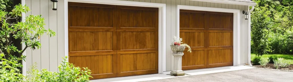 Custom wood garage doors. Two doors in light wood stain with a planter between.