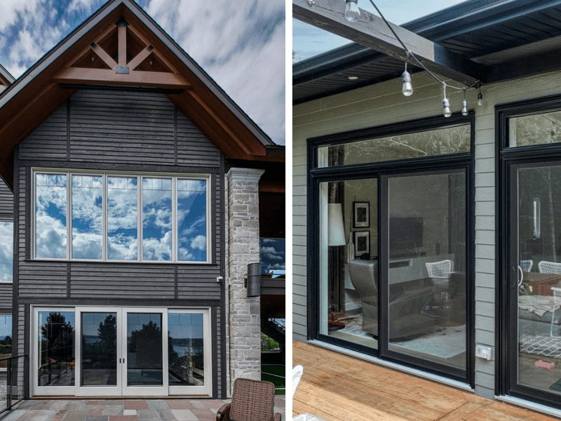 On the left is a photo of a lift and slide door installed in a two-story house. On the right is a multi-slide door installed on a house.