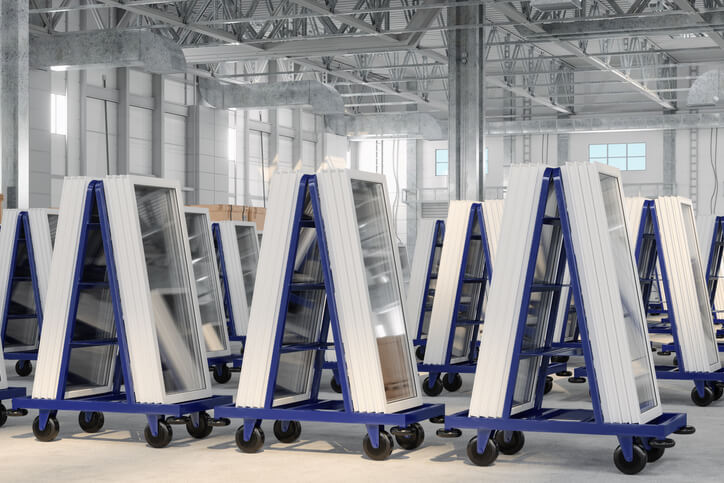 A photo of new vinyl windows on carts, in a warehouse.