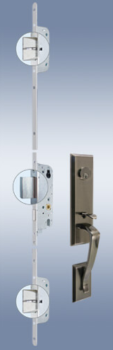 Door handle with interlocking system.